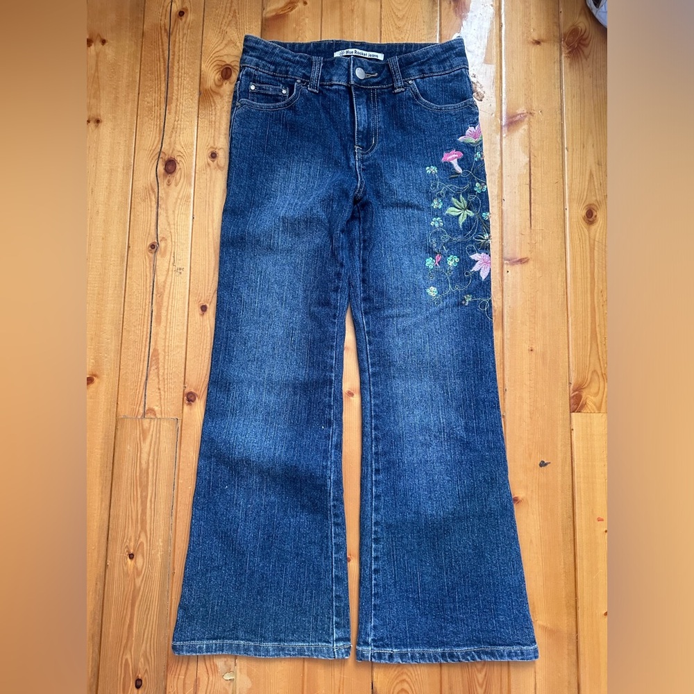 Vintage Blue Rocket Jeans Girls Floral Embellished Denim